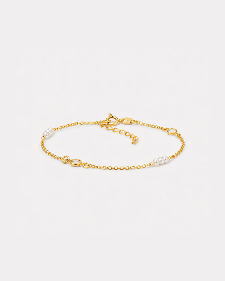 Pulseira Feminina Banhada em Ouro 24k - Roscida com Pérolas e Zircônia