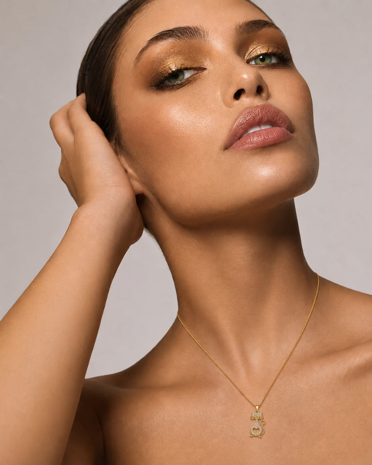 Colar Feminino Gato Coração Banhado a Ouro 24k com Zircônia