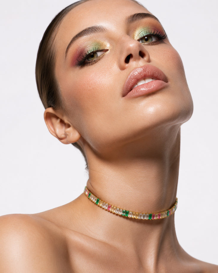 Colar Choker Áurea de Ophir em Ouro 24k com Zircônias Coloridas