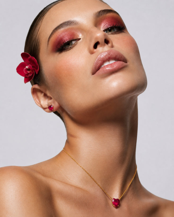 Conjunto Feminino Carmine em Ouro 24k com Zircônia Vermelha
