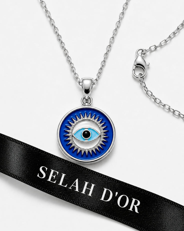 Colar Feminino Olho Grego Nazariel Azul Banhado a Ouro Branco 24k