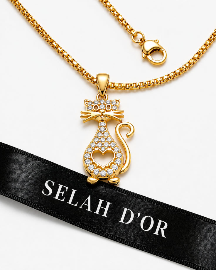 Colar Feminino Gato Coração Banhado a Ouro 24k com Zircônia