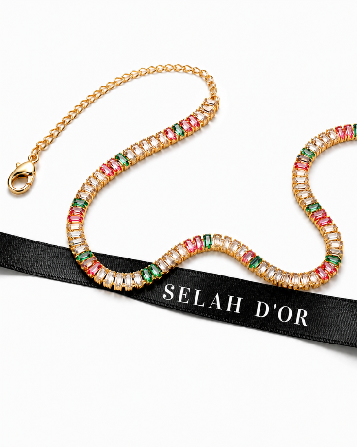 Colar Choker Áurea de Ophir em Ouro 24k com Zircônias Coloridas