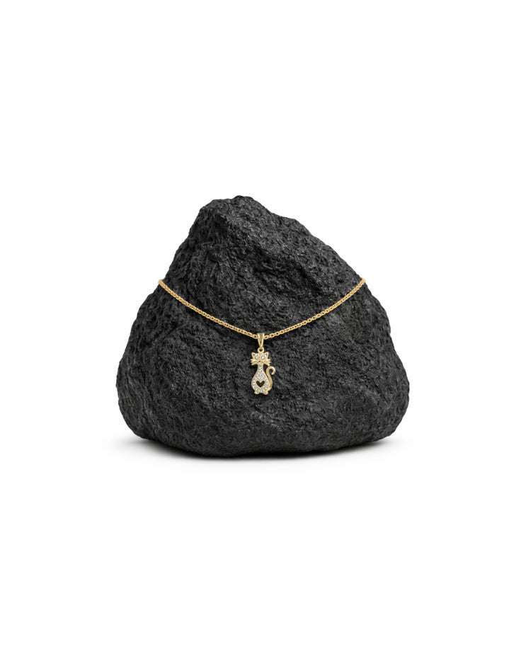 Colar Feminino Gato Coração Banhado a Ouro 24k com Zircônia