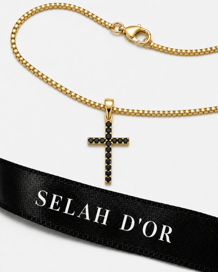 Colar Cruz Emmanuel Alpha et Omega Banhado em Ouro 24k 