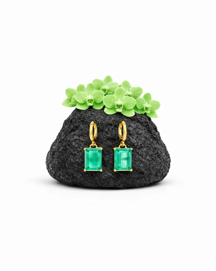 Brincos Femininos Thule Banhados a Ouro 24k com Zircônia Verde